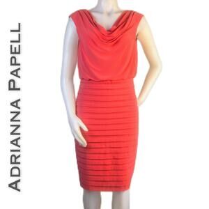 Adrianna Papell Sheath Dress 6 Coral Sleeveless Shutter Pleat Blouson Cowl Neck